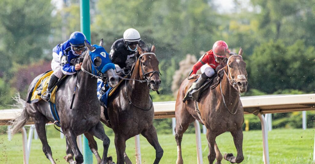 Dynamic capture of a thrilling horse race showcasing three jockeys and racehorses in intense competition.